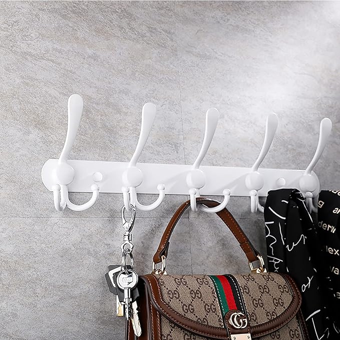 Coat Rack Wall Mounted,5 Tri Stainless Steel Coat Hook for Coat Hat Robes Towel in Mudroom Entryway (White, 2 Pack 5 Hook)-NeatNest