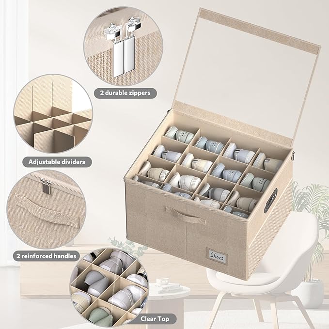 2 Pack Shoe Organizer for Closet Large Shoe Box Storage Containers with Clear Window Space Saving Shoe Bin with Foldable Bottom Support Adjustable Dividers Fits 32 Pairs (Beige, (19.7x15.7x13inch)x2)-NeatNest