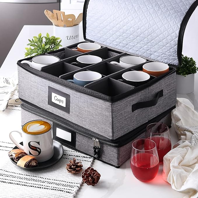 Hearth & Harbor Coffee Mug Storage, Quilted and Stackable Coffee Cup Storage Organizer for Service of 12, Mug Storage Box with Dividers, China Containers Hard Shell for Moving and Organization, Grey-NeatNest