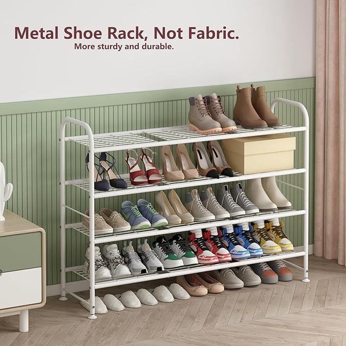 LINZINAR Shoe Rack Long 4 Tier Shoe Storage Organizer Metal Wide Shoe Shelf for Closet Entryway Bedroom 30 Paris Large Capacity, White-NeatNest