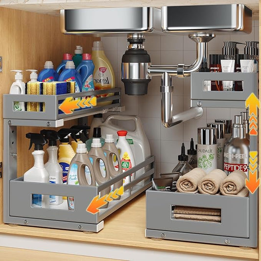 2-Pack 17"Deep Under Sink Organizer And Storage, 2-Tier L-Shaped Pull Out Cabinet Organizer with Upgraded Slide Rails, Height Adjustable Drawers for Kitchen&Bathroom, Extra-Large Storage Shelves–Gray-NeatNest