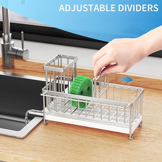 Cisily Stainless Steel Sponge Holder for Kitchen Sink with Towel Rack, Sink Caddy with Kitchen High Brush Holder, Organzier Rustproof 304 Stainless Steel Dish Organizer Divider, Soap Dispenser Storage-NeatNest