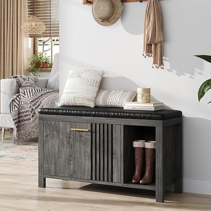 40" Shoe Storage Bench with Flip Drawers & Padded Seat Cushion, Adjustable Shelf, Slatted Doors Entryway Bench Shoe Cabinet with Bench for Entryway Living Room Bedroom, Oak Grey