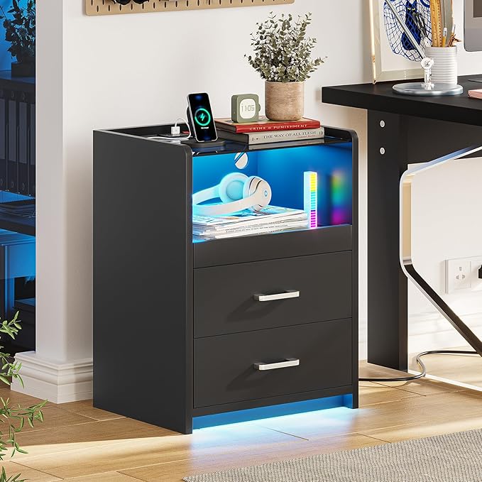 VIAGDO Nightstands Set of 2 with Charging Station and LED Lights, Black Night Stand Set 2 with Glass Top and Storage Drawers, End Side Tables with Pull-Out Tray, Modern Bedside Tables for Bedroom