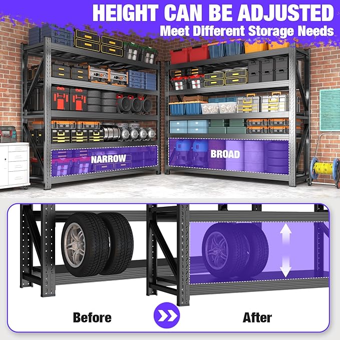 8000LBS Garage Shelving Heavy Duty, 5-Tier 71" H Storage Garage Shelves, Industrial Adjustable Metal Shelving Units for Garages, Warehouses, Kitchen, Black, 63" W x 24" D x 71" H