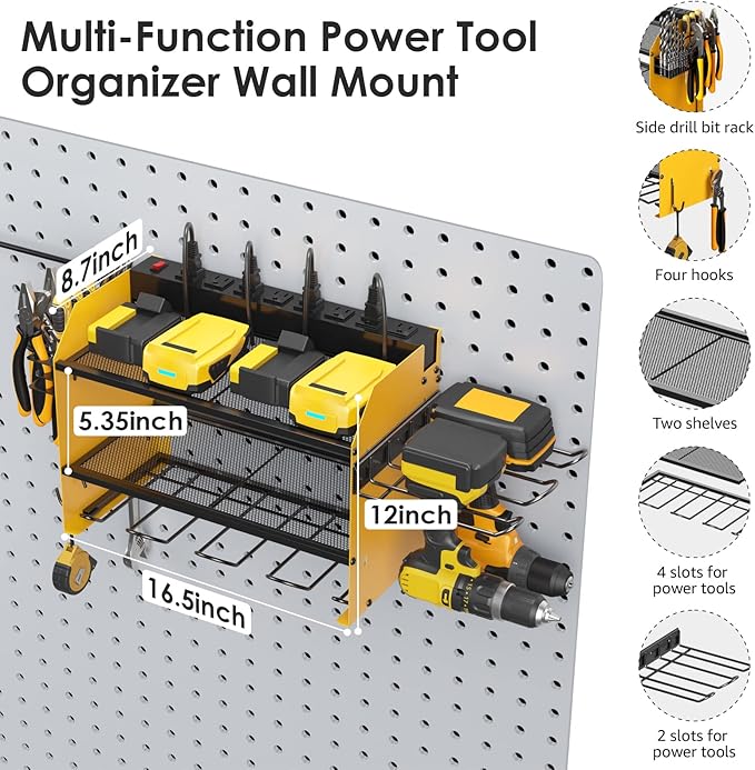 CCCEI Modular Power Tool Organizer Wall Mount Charging Station, Yellow 6 Drills Holder with 8 Plug Power Strip, Garage Drill Battery Heavy Duty Metal Shelf, Utility Rack with Hooks, Side Storage.-NeatNest
