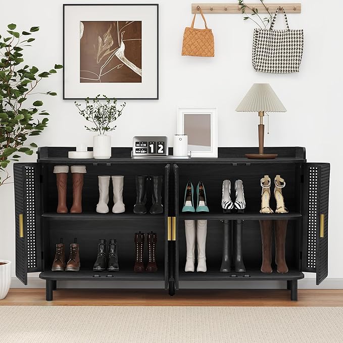 ORRD 4 Doors Storage Cabinet, 2 Tier Wooden Storage Organizer Cabinet with Adjustable Shelf, Sideboard Buffet Cabinets with Iron Curved Doors Accent Shoe Rack for Entryway Hallway Living Room (Black)-NeatNest