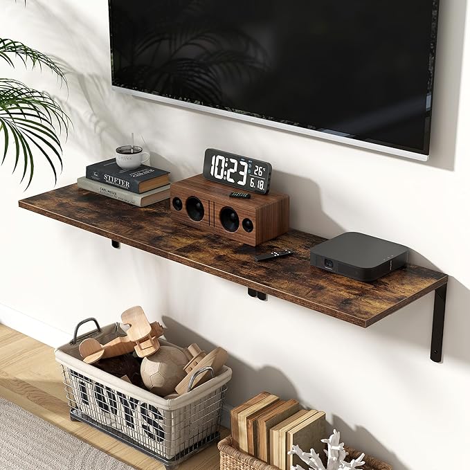 Floating Shelves for Wall, 12 Inch Deep Floating Shelves Set of 2, Wall Mounted Shelf with Metal Brackets, Rustic Wood Wall Shelf for Bathroom, Kitchen and Living Room, Rustic Brown, 24W x 12D-NeatNest