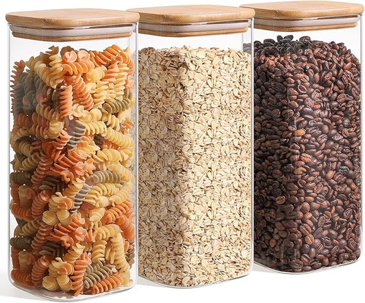 ComSaf 1.9 Qt Glass Storage Containers with Lids, Glass Jars with Lids, Clear Food Storage Jar, Square Canister Set of 3, Pantry Organizers and Storage for Flour Rice Pasta Tea Coffee Bean-NeatNest