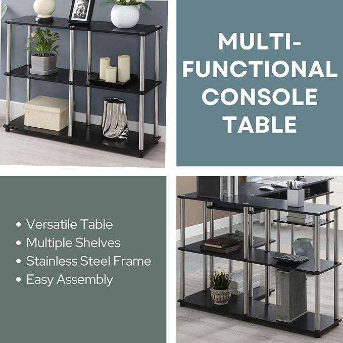 Convenience Concepts Designs2Go No Tools 3 Tier Wide Console Table 42" - Modern Multipurpose Accent with Shelves for TV Media Center, Office Desk Extension, Entryway Display, & Home Storage, Black-NeatNest