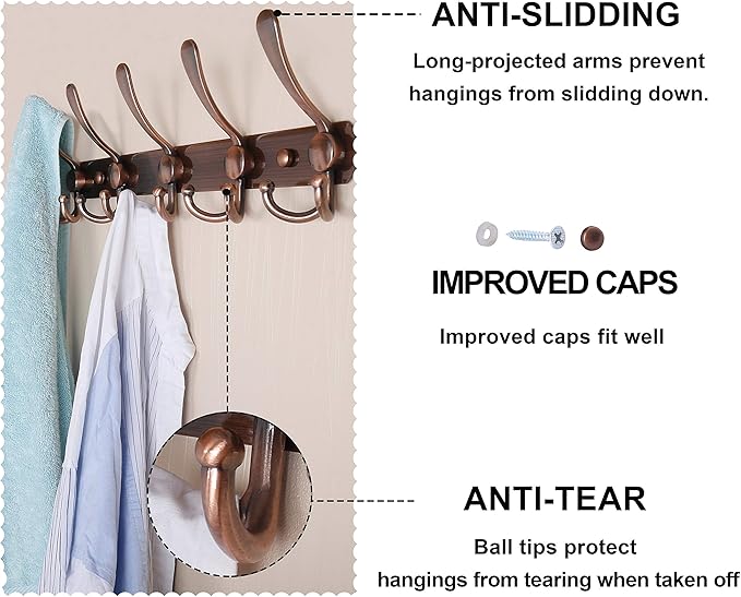 Dseap Wall Mounted Coat Rack - 5 Tri Hooks, Heavy Duty, Stainless Steel, Metal Coat Hook Rail for Coat Hat Towel Purse Robes Mudroom Bathroom Entryway,Antique Copper-NeatNest