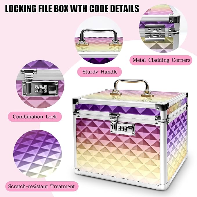 Medication Combination Lock Boxes with Code for Personal Items, Rainbow Medicine Lockbox for Documents 10 x 7.25 x 7.75 Inches Plaid Gold Purple