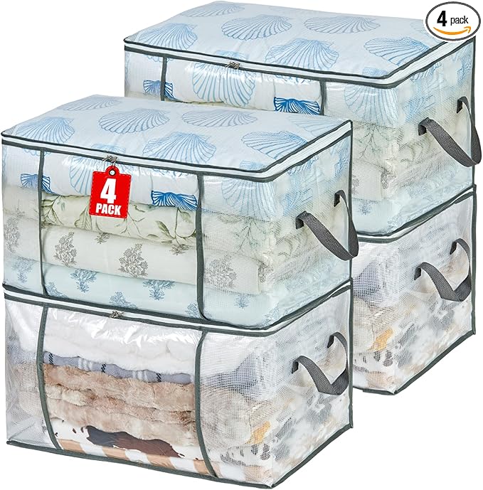 80L Clear Large Storage Bag, Clothes Storage Containers for Organizing Closet, Bedroom, Underbed, Comforters, Clothing, Blankets, Pillow, Foldable Organizer with Sturdy Handle and Zippers (4)-NeatNest
