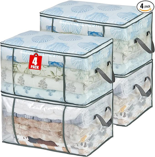 80L Clear Large Storage Bag, Clothes Storage Containers for Organizing Closet, Bedroom, Underbed, Comforters, Clothing, Blankets, Pillow, Foldable Organizer with Sturdy Handle and Zippers (4)-NeatNest