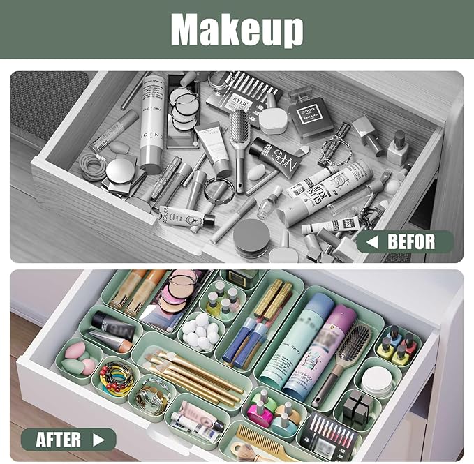 Plastic Drawer Organizers, 18 PCS Drawer Organizer Bins, Bathroom and Vanity Organizer Plastic Tray, Makeup organizer and storage for Makeup, Bedroom, Kitchen Gadgets Utensils and Office (Green)-NeatNest