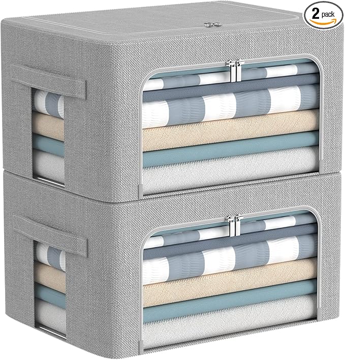 Clothes Storage Bins Box - Foldable Stackable Container Organizer Set with Clear Window & Carry Handles & Metal Frame - 2Pack Large Capacity for Bedding, Blankets, Books-NeatNest