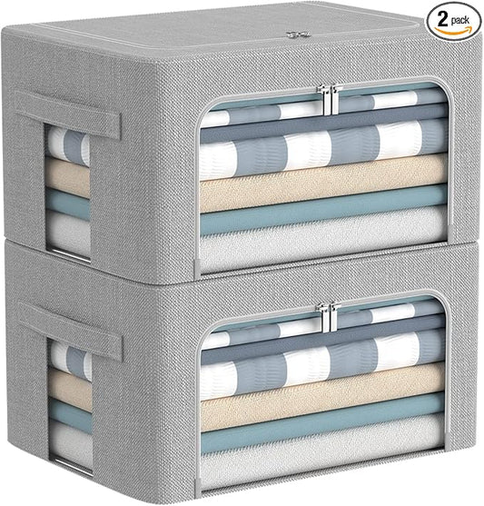 Clothes Storage Bins Box - Foldable Stackable Container Organizer Set with Clear Window & Carry Handles & Metal Frame - 2Pack Large Capacity for Bedding, Blankets, Books-NeatNest