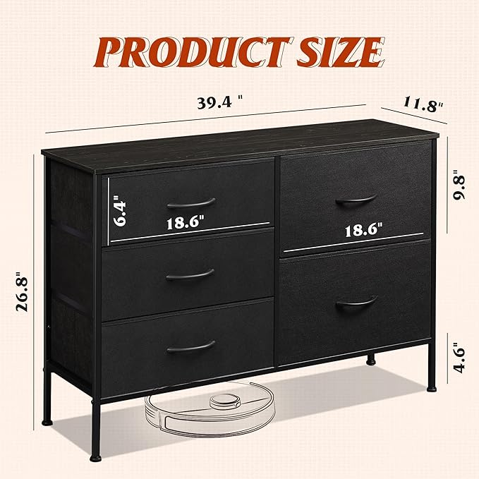 WLIVE Dresser for Bedroom with 5 Drawers, Wide Bedroom Dressers with Drawer Organizers, Chest of Drawers, Fabric Dresser for Living Room, Closet, Hallway, Charcoal Black-NeatNest
