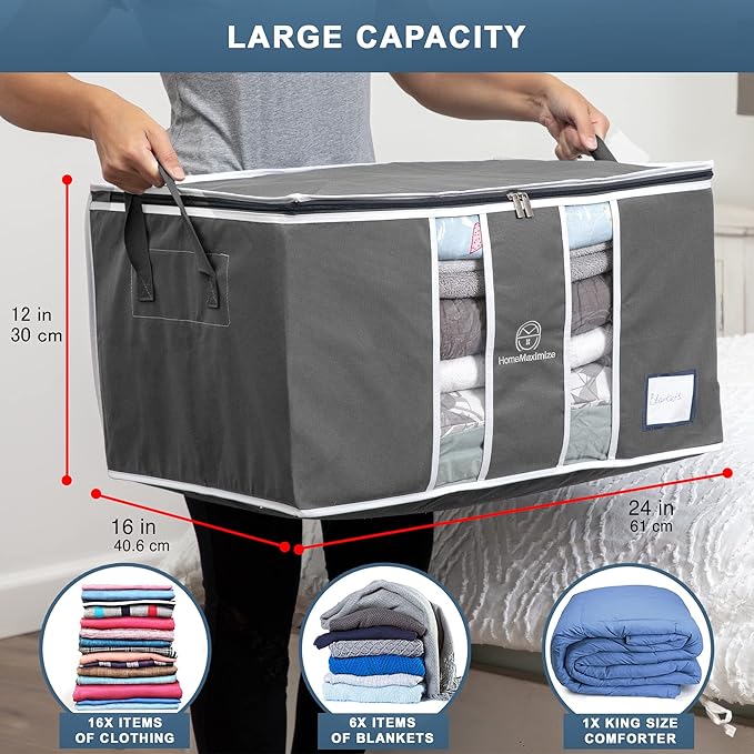 Clothes Storage Bag Organizer for, Blankets, Clothing, Comforters and Bedding Sets - Stackable with Zippers - Clear Window - 3 Pack Grey-NeatNest