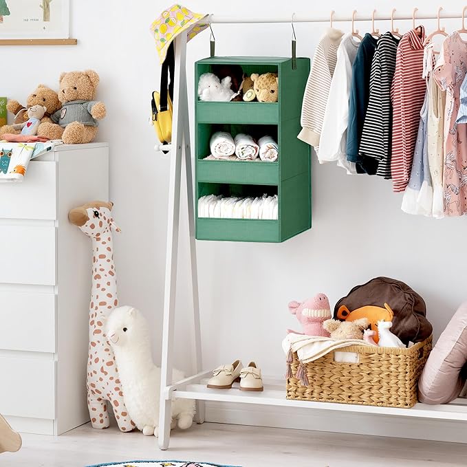 GRANNY SAYS 3-Shelf Closet Organizers and Storage, Foldable Hanging Closet Organizer, Hanging Closet Shelves with 2 Metal Hooks, Leak-Proof Closet Storage for Sweater, Clothes Organizer, Dark Green-NeatNest