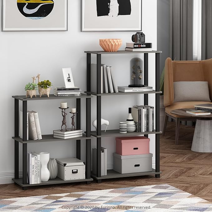 Furinno Turn-S-Tube 3-Tier Compact Multipurpose Shelf Display Rack with Square Tube, French Oak Grey/Black-NeatNest