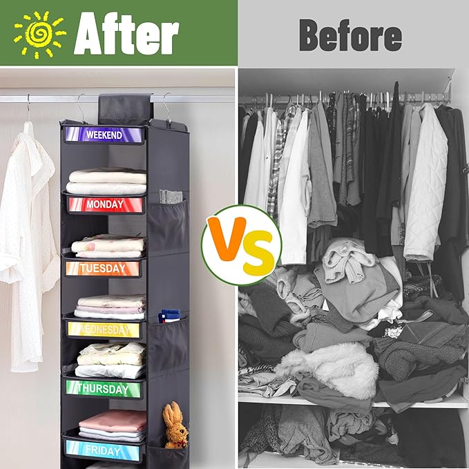 2 Pack 6-Shelf Weekly Clothes Organizer for Kids, Hanging Daily Closet Organization with 6 Side Pockets, Days of The Week Clothing Divider Storage for Boys and Girls (Grey)-NeatNest