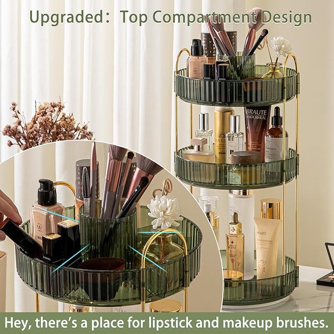 Rotating Makeup Organizer for Vanity, High-Capacity Skincare Clear Make Up Storage Perfume Organizers Cosmetic Dresser Organizer Countertop 360 Spinning (Green, New-3 Tier)-NeatNest