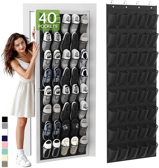 Unjumbly Over the Door Shoe Organizer with 40 Large Breathable Mesh Pockets, Space Saving Shoe Holder, Hanging Shoe Rack for Entryway Bedroom Closet Storage (Black, 40 Pockets)-NeatNest