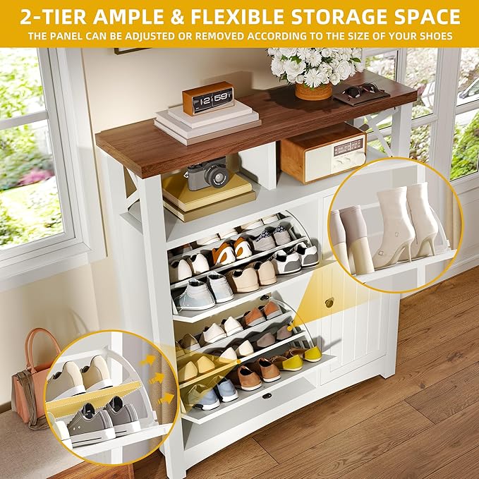 DWVO Farmhouse Shoe Cabinet with 2 Flip Drawers, Wood Shoe Rack w/Door, Entryway Shoe Organizer with Open Storage & Adjustable Shelves, Rustic Hidden Shoes Storage Cabinet for Foyer, Hallway, White-NeatNest