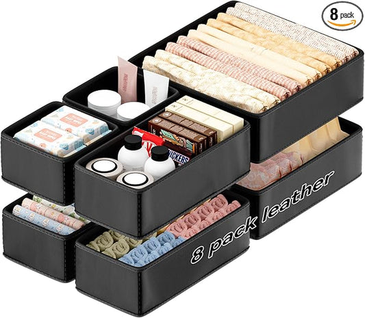 Vegan Leather Drawer Organizers,8 Pack Makeup Storage boxes,Vanity Drawer Luxury upgrade,Bedroom fabric Drawers replacement,bathroom organization and storage Optimal solution
