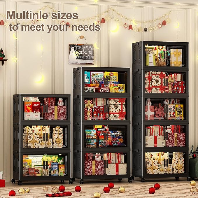 120GAL Stackable Storage Bins with Wheels and Lids, Collapsible Closet Organizers and Storage, Home Organization and Storage Cabinet, Plastic Clothes Storage Box Shelf, Black