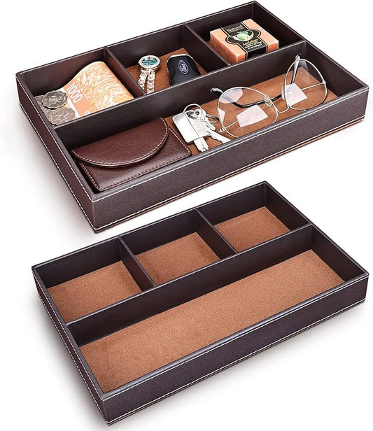 GORESE 2 Pieces Faux Leather Valet Tray for Men, Stackable Jewelry Trays for Drawers, Mens Dresser Top Organizer for Key, Wallet, Sunglass, Watch, Coin, Phone, Nightstand Bedside Tray Brown-NeatNest