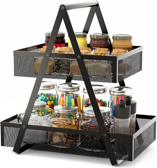 EKNITEY Tiered Snack Organizer Countertop - Metal Kitchen Counter Organizer Small Coffee Station Organize for Home, Picnic, Office (Black)-NeatNest