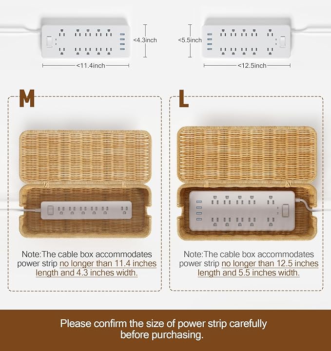 Cable Management Box,2 Pack Handwoven Imitation Rattan Cord Hider Organizer Box with Lid,2 Open Slots Cable Organizer Box for Tv Computer USB Hub to Hide Power Strips & Cords-Brown