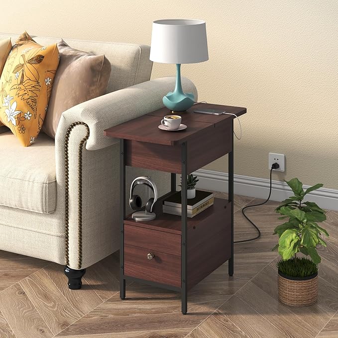 SOOWERY End Table with Charging Station, Narrow Side Table with Flip Top Cabinet and Fabric Drawer, Nightstand Bedside Tables for Small Spaces, Bedroom, Living Room, Dark Cherry