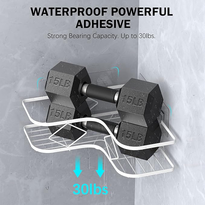 Kadolina Large Corner Shower Caddy Shelf, 2 Pack Adhesive Bathroom Shower Organizer Shelves, No Drilling Rustproof Wall Mounted Shower Storage Basket Shampoo Holder Organizer (White)