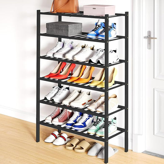 Smiry Shoe Rack, 6 Tier Bamboo Shoe Organizer, Stackable Free Standing Wooden Shoe Storage Shelf for Closet, Entryway, Front Door Entrance, Black-NeatNest