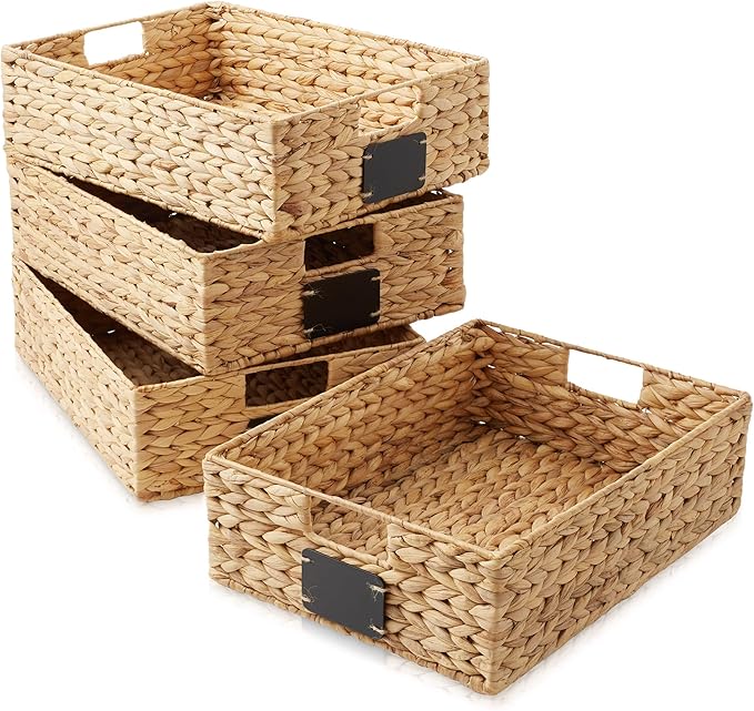 Casafield Set of 4 Water Hyacinth Pantry Baskets, 12-1/2" x 17" x 5", with Chalkboard Labels and Chalk Marker - Natural, Woven Storage Bin Organizers for Kitchen Shelves-NeatNest