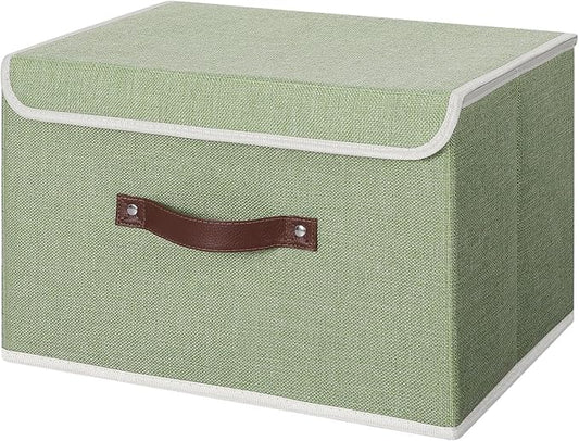 ANMINY Storage Bin with Lid Storage Boxes with PU Leather Handles PP Plastic Board Decorative Foldable Lidded Cotton Linen Fabric Home Cubes Baskets Closet Organizer Container - Green, Large Size-NeatNest