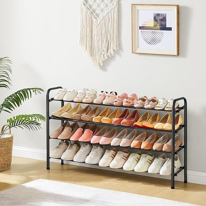 4 Tier Shoe Rack for Closet,Shoe Organizer, 28“ Metal Shelf Can Expandable to 42“, for Bedroom, Entryway, Living Room, Garage, Adjustable to 24 Pairs Shoes, Black-NeatNest