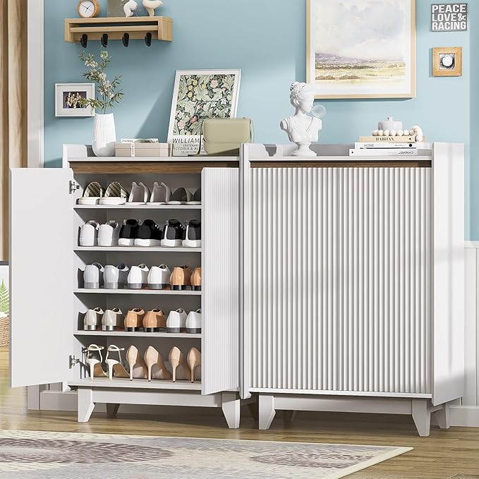 White Fluted Shoe Cabinet with Adjustable Shelves, Shoe Cabinet Storage for Entryway Hallway Living Room Bedroom, Shoe Rack Cabinet with 2 Doors 2PC, White & Walnut 43.7” H-NeatNest