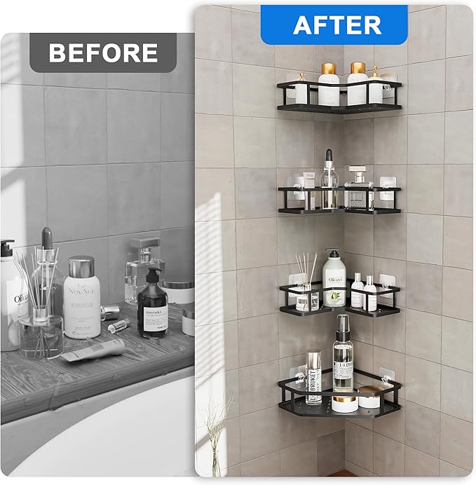 FJNATINH Corner Shower Caddy - 4-Tier Bathroom Organizer with Adjustable Feet, Heavy Duty Shower Shelf for Shampoo, Soap, Towels - Easy Install, No Drilling Required