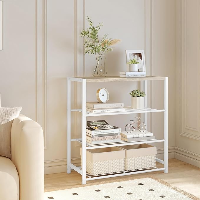 Yusong Shoe Rack Organizer, 4 Tier Industrial Shoe Storage Shelf for Closet Entryway, Narrow Sturdy Metal Shoe Shelves, White-NeatNest