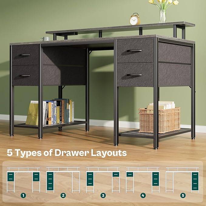 Huuger 55 inch Computer Desk with 4 Drawers, Gaming Desk with LED Lights & Power Outlets, Home Office Desk with Large Storage Space for Bedroom, Work from Home, Gray-NeatNest