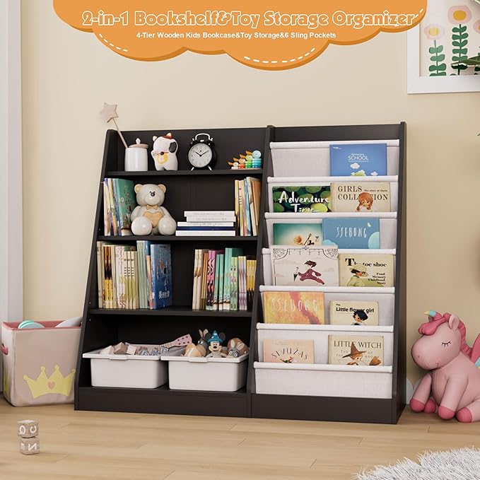 Black Kids Bookshelf Wood Toy Storage Organizer Cabinet Children Bookcase Toddler Baby Sling Book Rack Adjustable Shelf for Playroom Bedroom Nursery Hallway School Kindergarten-NeatNest