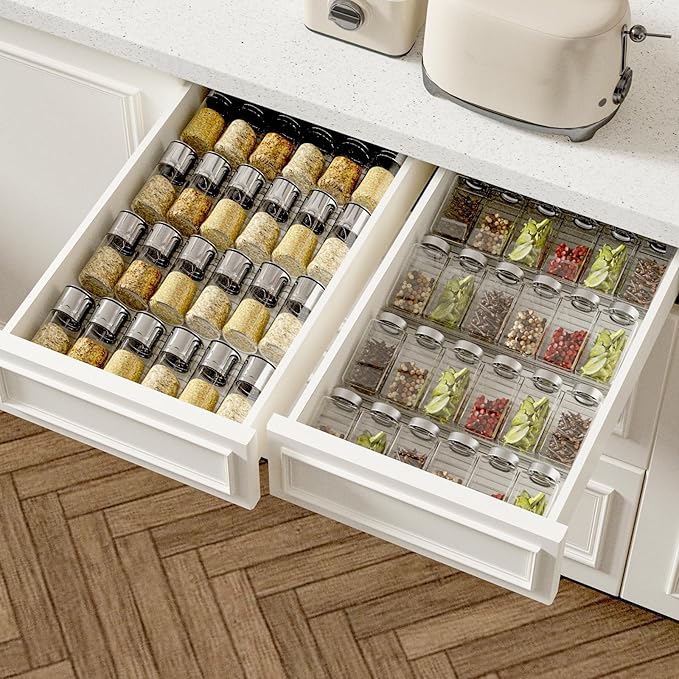 AMBIRD Spice Drawer Organizer, 4 Tier-2 Set Clear Spice Rack Tray Expandable From 11'' to 22'', Seasoning Organizer with non-slip tape for Kitchen, Cabinet, Drawers, Countertop(JARS NOT INCLUDED)-NeatNest