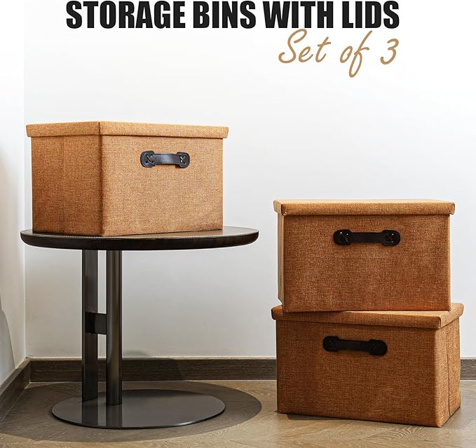 Enzk&Unity Decorative Storage Bins with Lids, Fabric Linen Foldable Storage Box with Handle Home Organizer for Shelf, Closet, Bedroom, Living Room, Office, 3 Packs, Brown-NeatNest