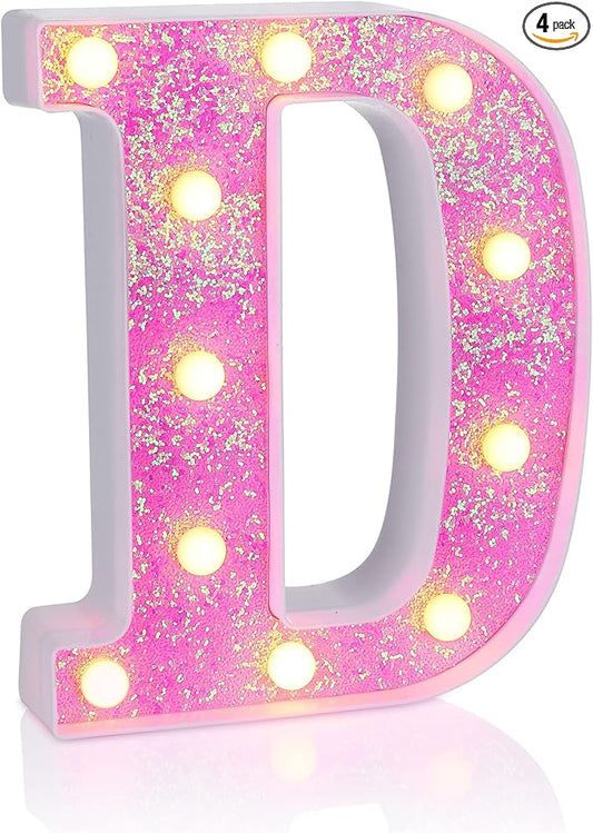 Foaky Pink Light up Letters，Pink Party Decorations,Girls Room Decor,Glitter Light Up Letters,Alphabet Letter Sign for Night Light Birthday Party Girls Gifts, Home Bar Decoration（D）-NeatNest