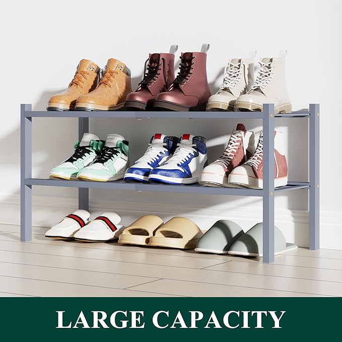 Smiry Shoe Rack, 2 Tier Bamboo Shoe Organizer, Stackable Free Standing Wooden Shoe Storage Shelf for Closet, Entryway, Front Door Entrance, Grey-NeatNest