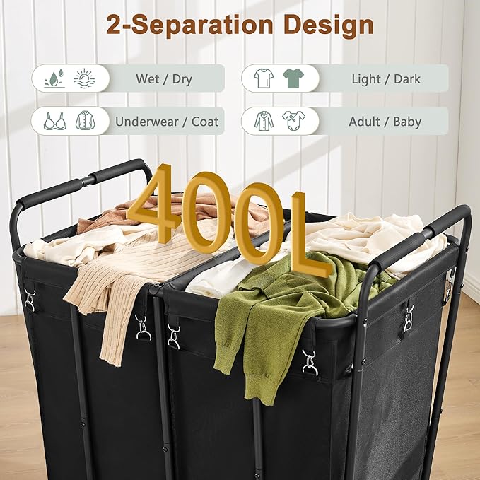 Hoctieon 2 Section Laundry Sorter Cart, 400L Rolling Hamper with Wheels, Industrial Laundry Basket Organizer, Extra Large Dirty Clothes Hamper for Home & Hotel, Heavy Duty, Black-NeatNest